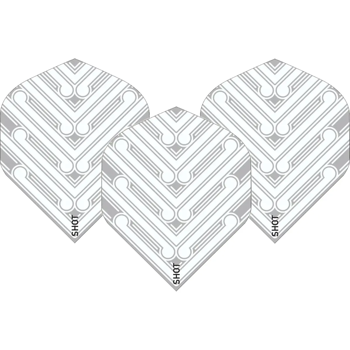 Shot Manu Flights Klar-Weiß als 3er-Set in No.6-Standardform aus 100 Micron starkem Material, halbtransparentes Design mit Shot-Logo