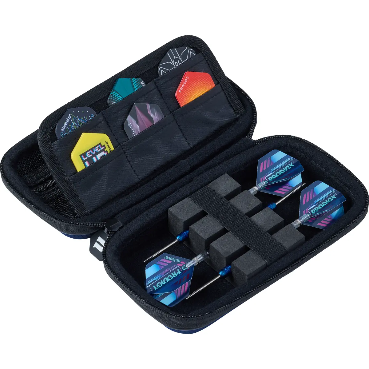 Unicorn Vanguard Small Dart Wallet Navy geöffnet mit montiertem Dartset, Flightfächern und Zubehörfach
