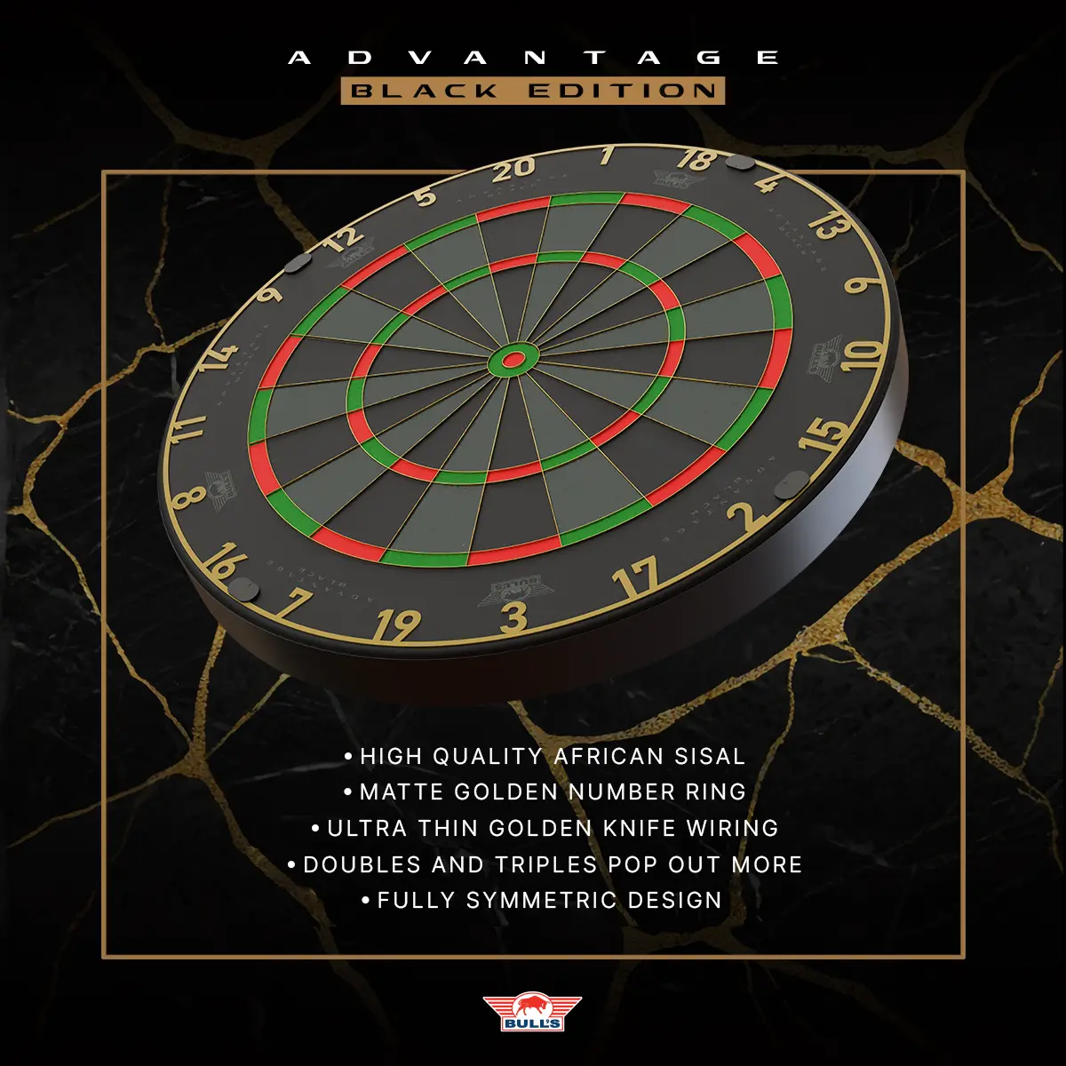 Verpackungsrückseite des Bull's Advantage Black Dartboard mit Angaben zu Sisal, Golden Knife Wire, Lieferumfang und Setup Guide