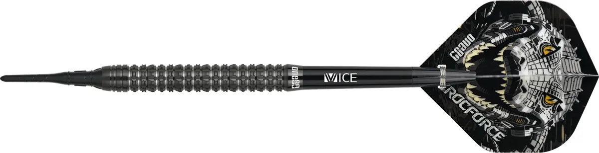 One80 Crocforce CF1 Softdarts Seitenansicht – verjüngte Nase, goldene Tungsten-Barrels