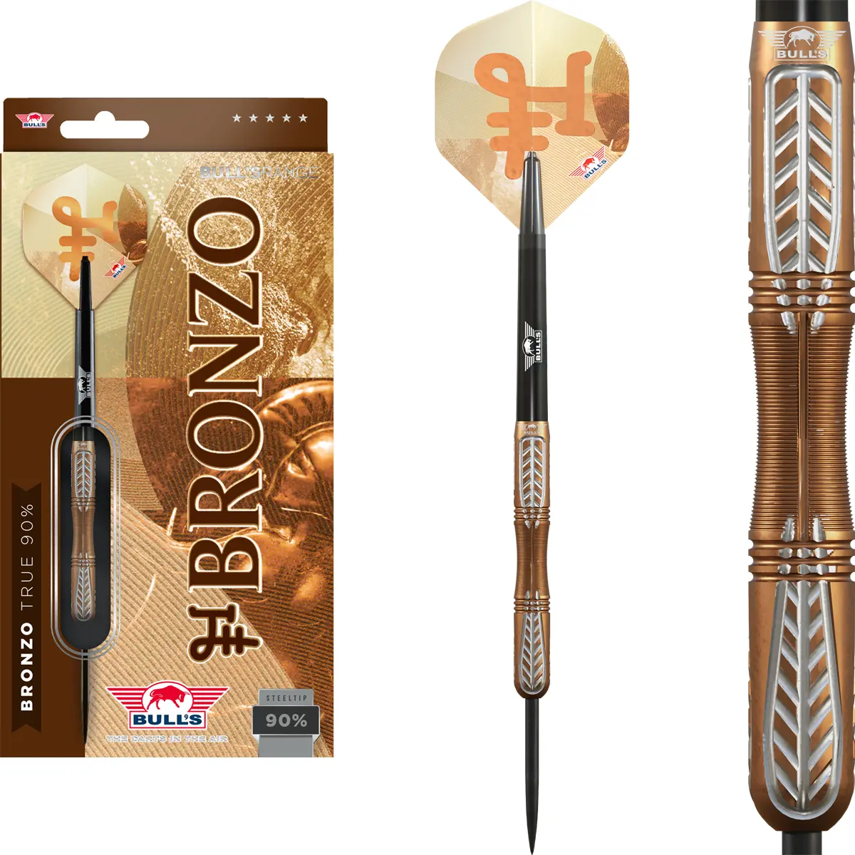 Bull's NL Bronzo True Steeldarts – Set mit Verpackung und Barrel-Details Bull's NL Bronzo True Steeldarts Set – Verpackung, Dart und Barrel-Detailansicht