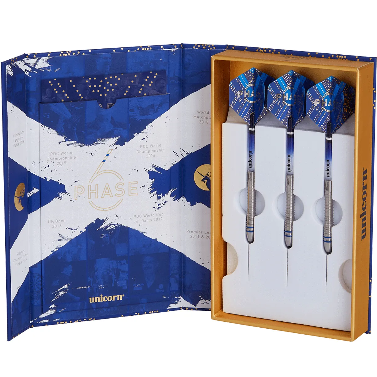 Unicorn Gary Anderson Phase 6 Steeldarts Premium Verpackung geöffnet mit Dartset