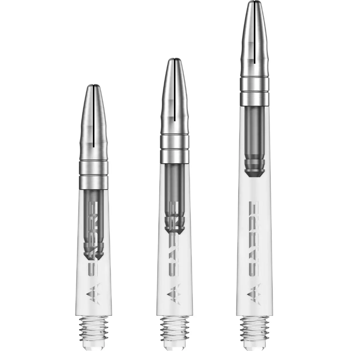 Mission Sabre Dart Shafts in Klar-Silber. Set-Übersicht der Größen Short, Midi und Medium. Kombination aus glasklarem Polycarbonat und poliertem Aluminium-Top.
