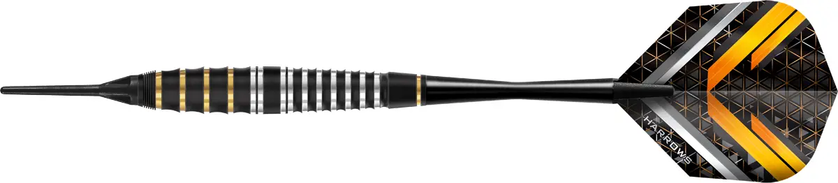Harrows Vulcan Softdarts Seitenansicht – Barrelform mit stabilem Gummigrip und zweifarbigem Finish in Schwarz und Gold.