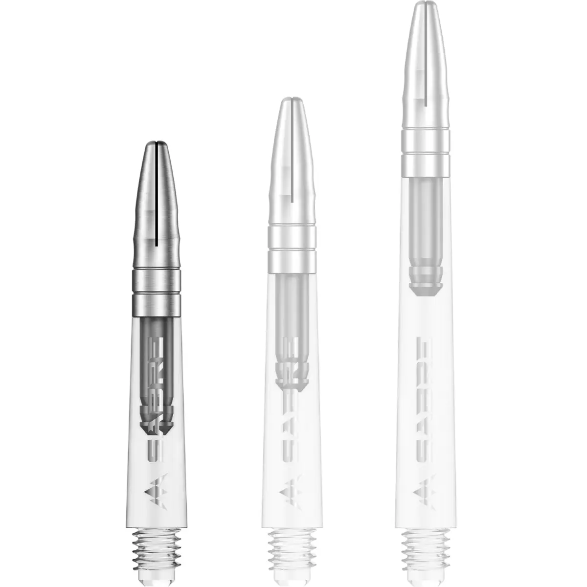 Mission Sabre Dart-Schaft in Klar-Silber, Größe Short. Kurzer, transparenter Hybrid-Shaft mit silbernem Aluminium-Aufsatz für maximale Stabilität und festen Flight-Sitz.
