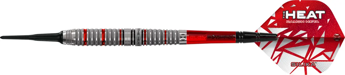 Harrows Damon Heta Series 4 Softdart Seitenansicht mit roten Alamo VS2 Shafts und Silika Flights
