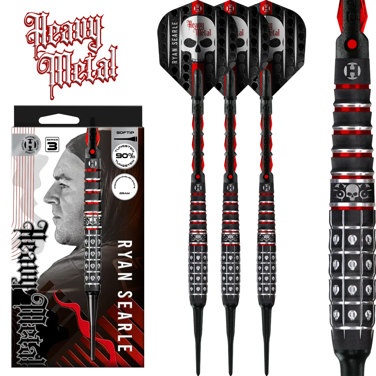 Harrows Ryan Searle Series 3 Softdarts Set – 90 % Tungsten, Heavy Metal Edition Komplettes Harrows Ryan Searle Series 3 Softdarts Set mit Verpackung, Flights und Carbon Shafts