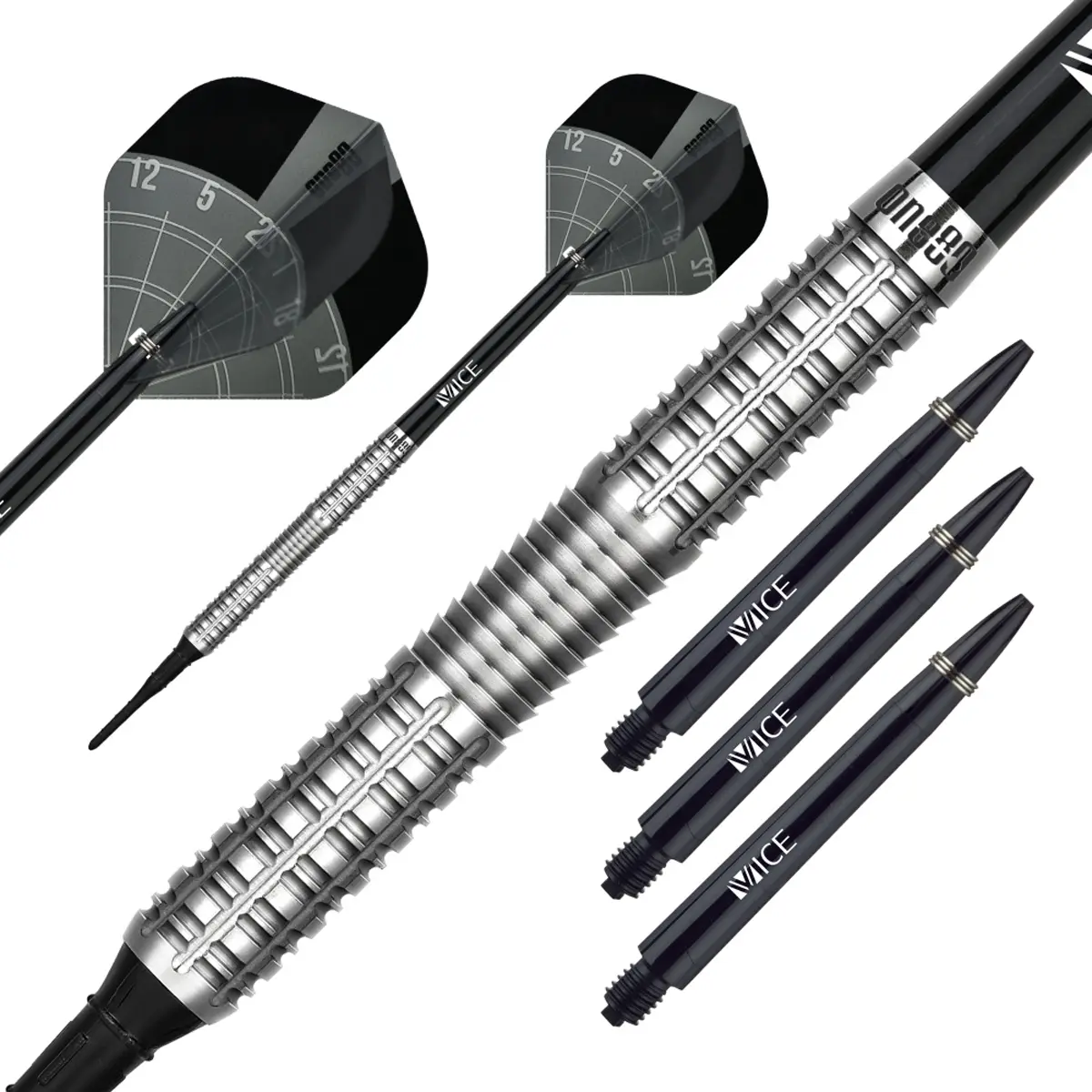 One80 Aaron Morrison The Tiger Softdart 19g mit Multi-Axial-Grip und schwarzen Vice Shafts