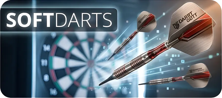 Softdarts mit Kunststoffspitze im Flug auf elektronisches Dartboard – moderne Dartpfeile für E-Dart