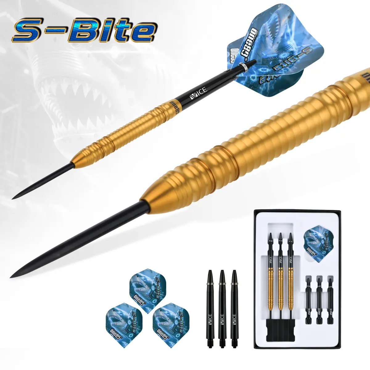 One80 S-Bite S B3 Steeldarts Set mit Zubehör – Flights, Shafts und Barrels