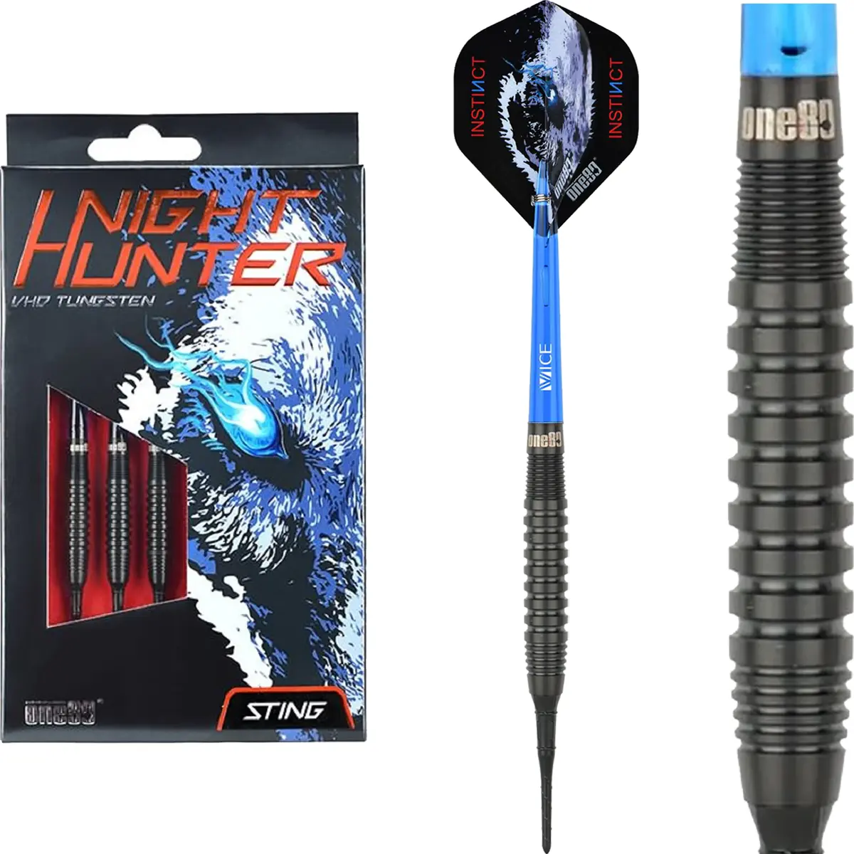 One80 Night Hunter Sting Softdarts – Verpackung mit komplettem Dartpfeil und Barrel in Nahaufnahme