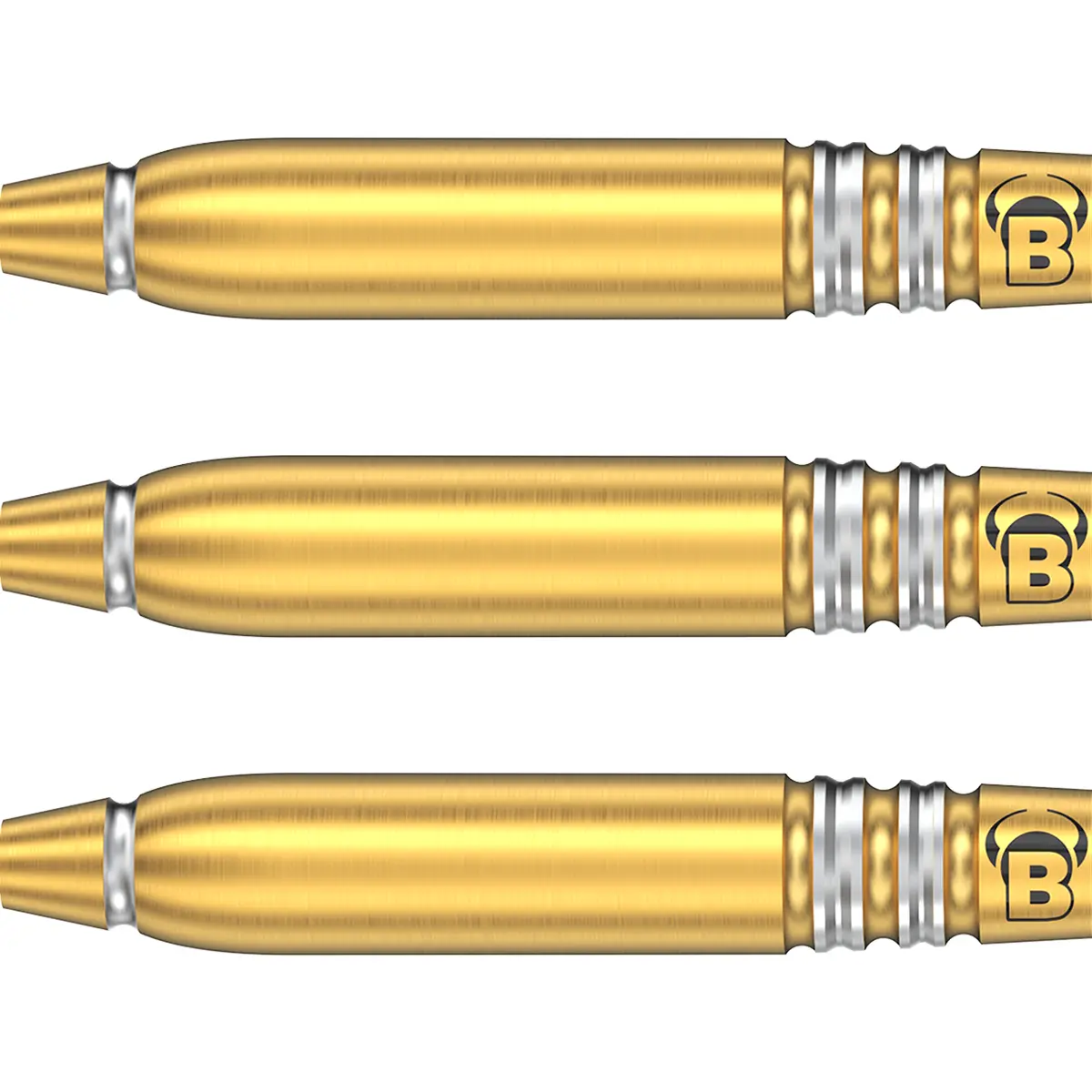 Patrick Geeraets Steeldarts 23 g – drei goldene Barrels in Nahaufnahme