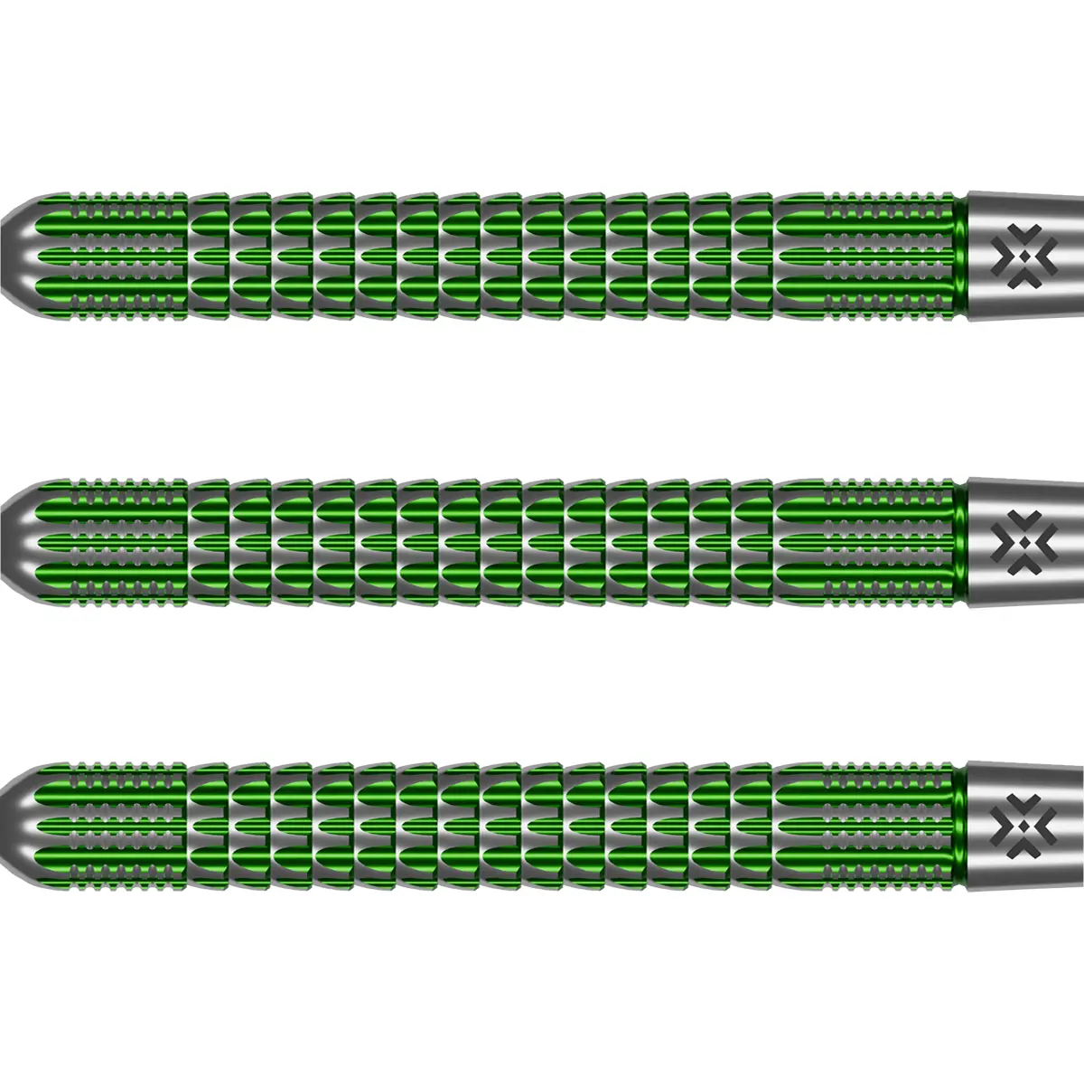 Bullet Gator Steeldarts – drei übereinander liegende Barrels mit grünem Alligator-Grip im Detail