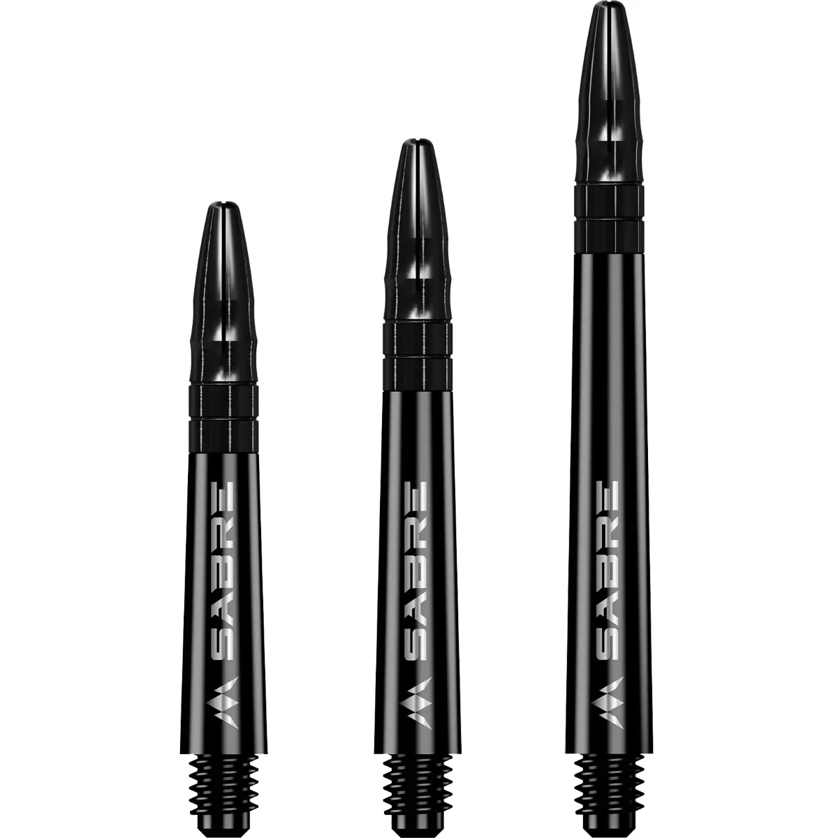 Mission Sabre Dart Shafts in komplett Schwarz (All Black). Set-Ansicht der Längen Short, Midi und Medium. Elegantes Design mit schwarzem Aluminium-Top.