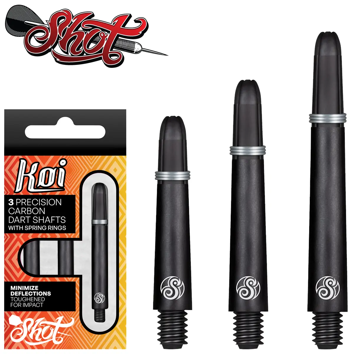 Shot Koi Carbon Shafts – Verpackung mit drei Längenvarianten Shot Koi Carbon Dartshafts – Verpackung mit je einem Shaft pro Größe Short, Midi und Medium