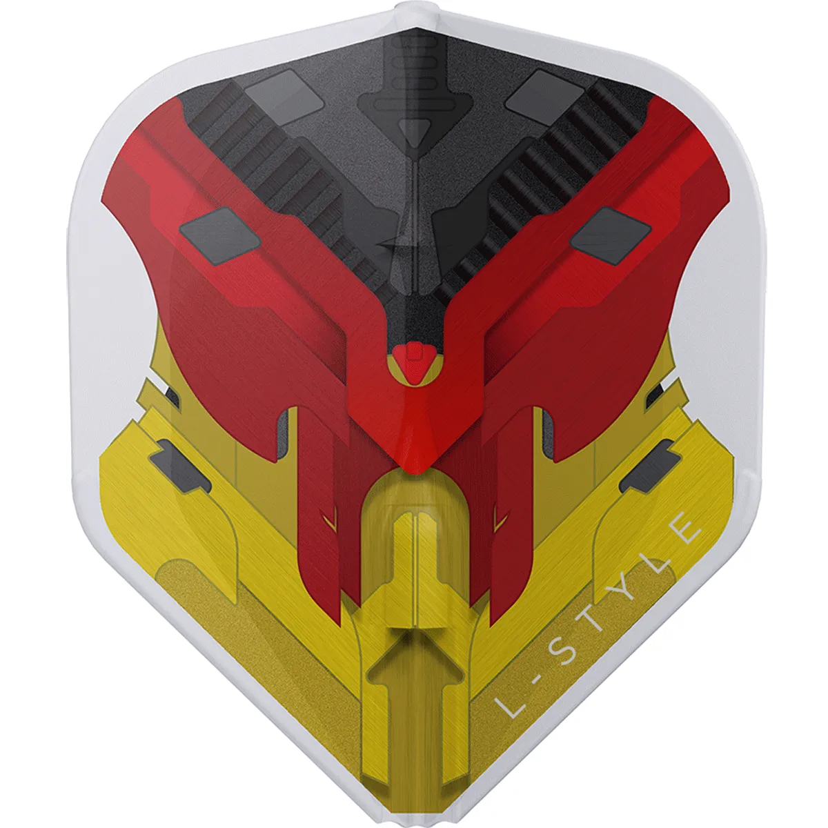 ahaufnahme eines L-Style EZ L1 Flights aus der V-Series Germany. Das Design zeigt die deutschen Nationalfarben Schwarz-Rot-Gold auf transparentem Hintergrund mit integriertem Champagne Ring.