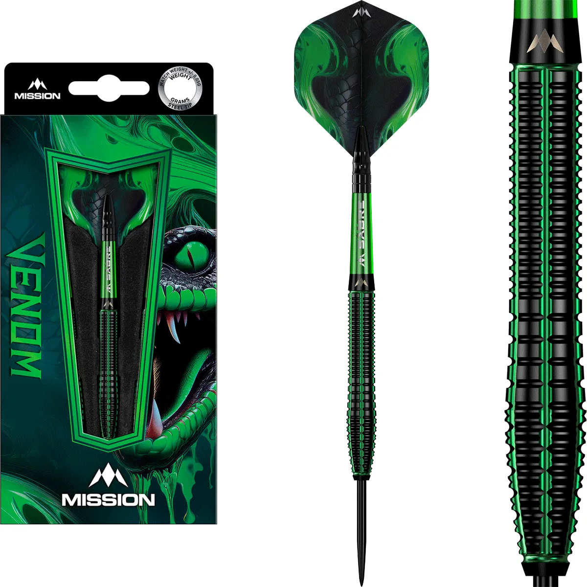 Mission Venom Steeldart Set mit Barrel-, Shaft- und Flight-Ansicht