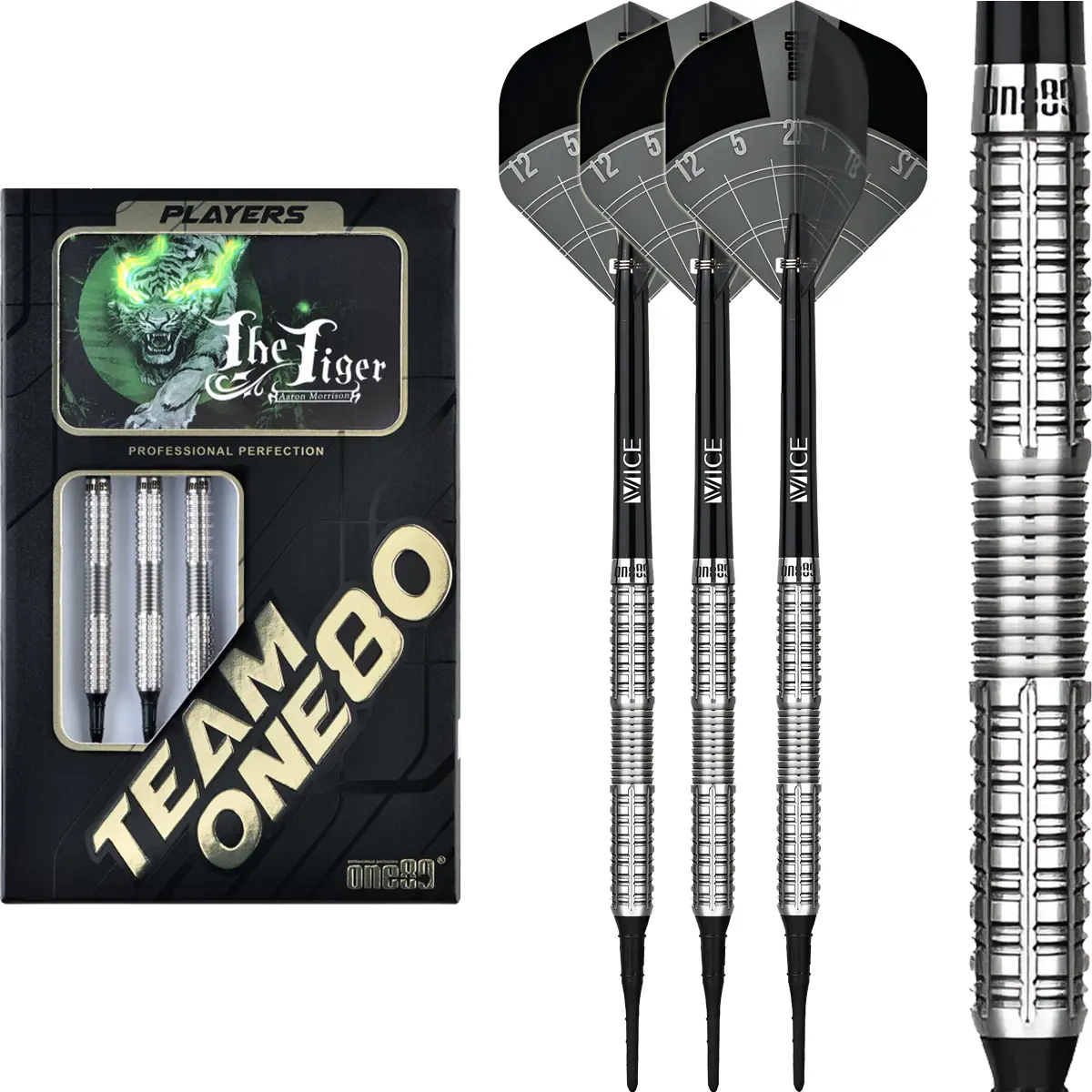 One80 Aaron Morrison The Tiger Softdarts 19g mit Verpackung und detailliertem Gripdesign