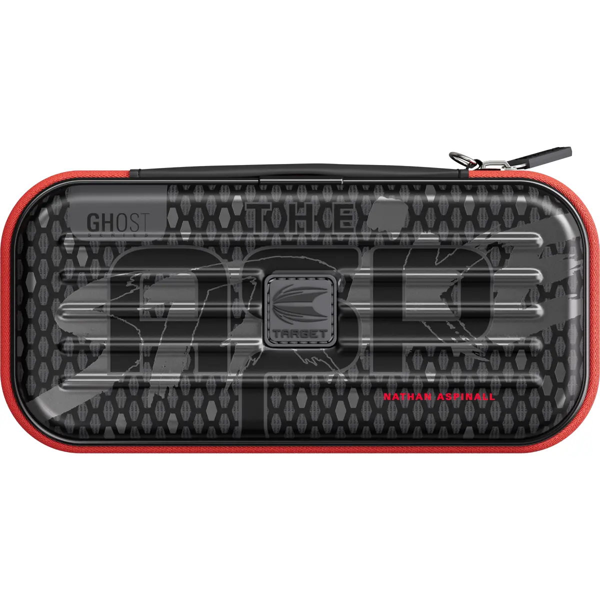 Target Takoma Ghost Nathan Aspinall Dartcase in kompletter Frontansicht mit Ghost-Print und rotem Zipper
