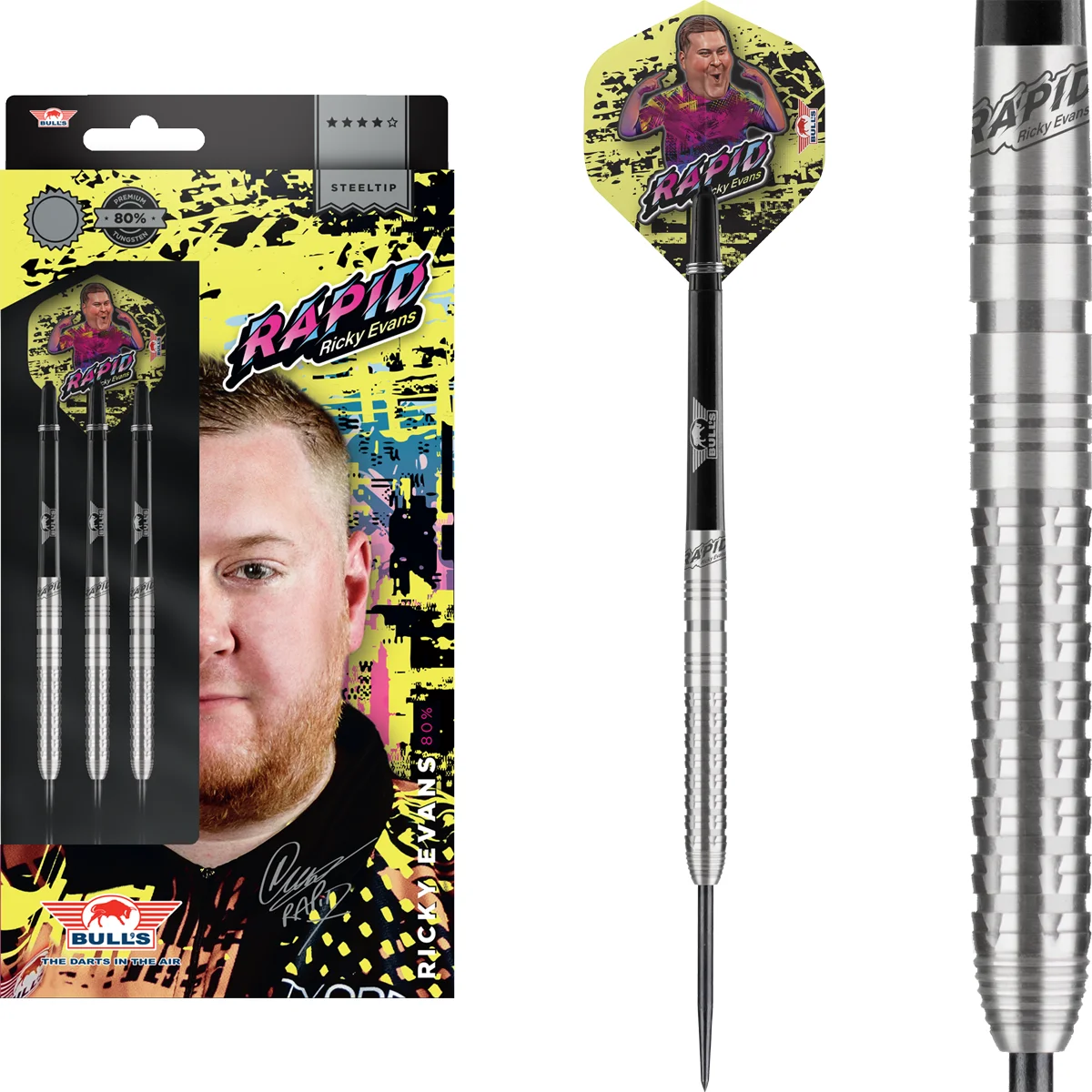 Bull’s NL Ricky Evans Steeldarts 80 % Tungsten Komplettset mit Barrels, gelben Shafts und Spielerflights