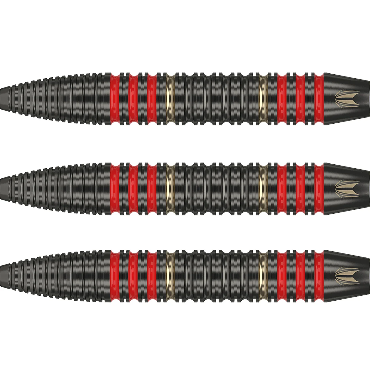 Detailaufnahme des Barrel-Grips der Target Dimitri van den Bergh Brass Steeldarts 22g mit Ringed Grip Struktur