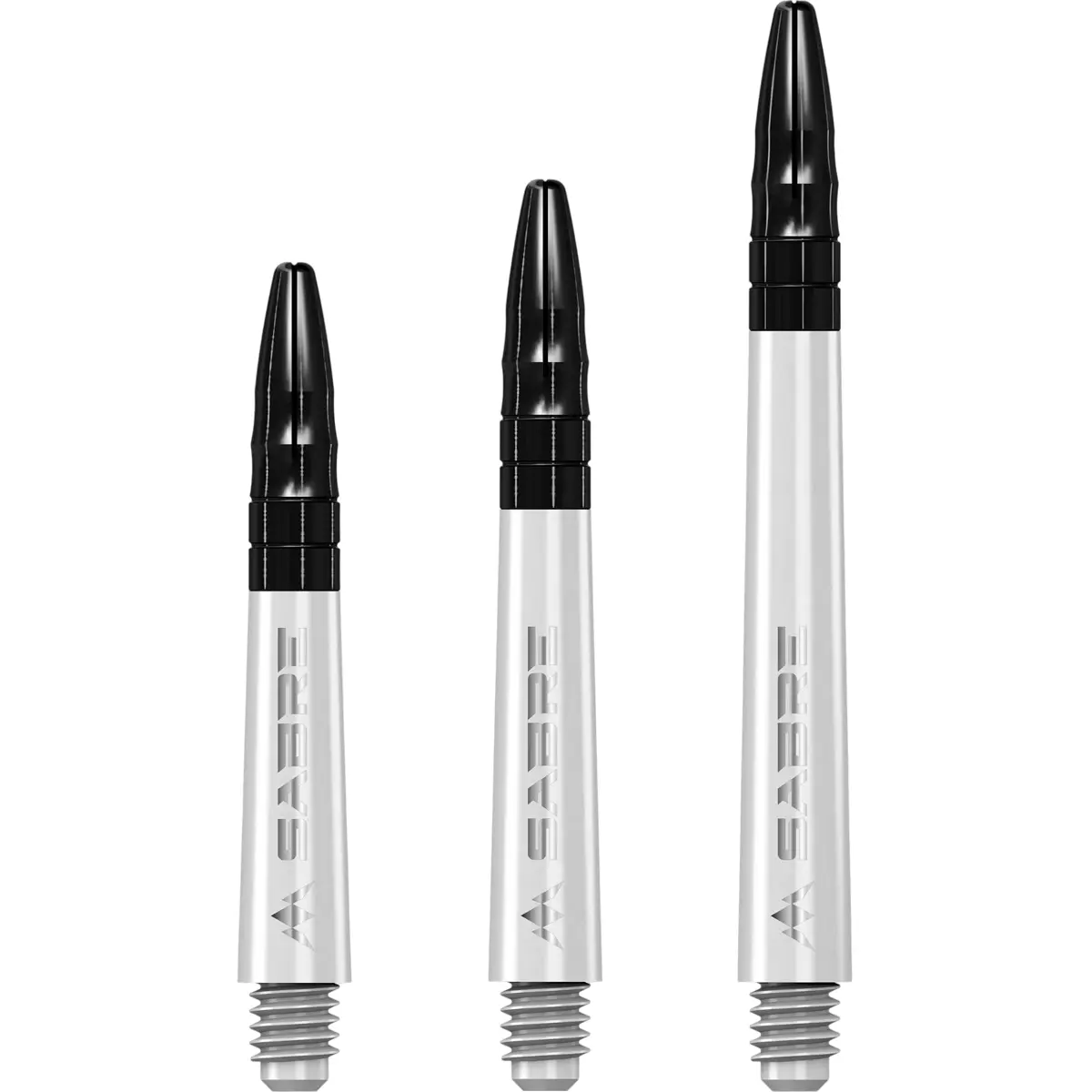 Mission Sabre Dart Shafts in Weiß-Schwarz. Ansicht der drei verfügbaren Längen: Short, Midi und Medium.