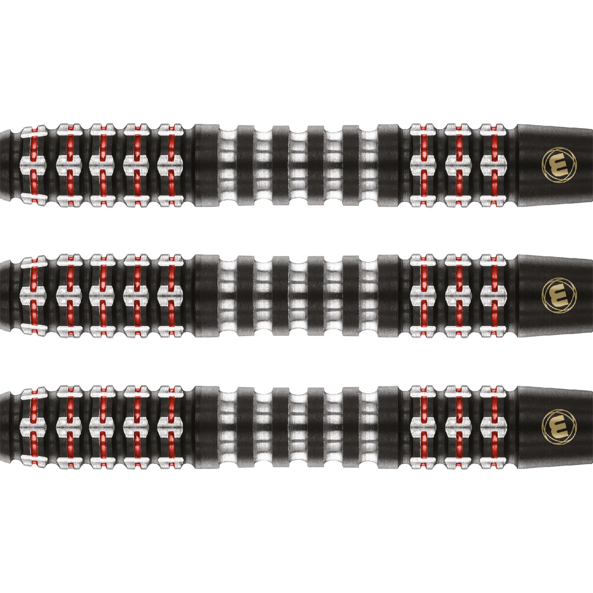 Winmau Joe Cullen Ignition Steeldarts – Close-up der Barrel Gripstruktur mit schwarzen und roten Akzenten
