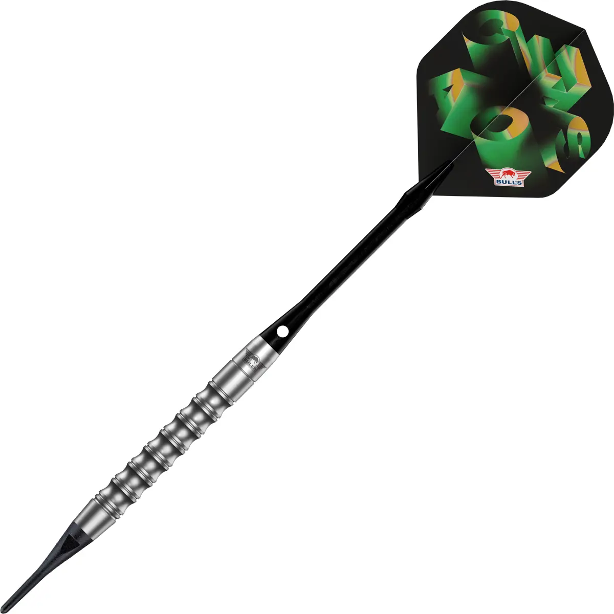 Bull's NL Chaos Green Softdart – dynamische schräge Darstellung mit Flight und Barrel