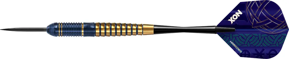 Seitenansicht der Harrows Nox Steeldarts – konischer Messing-Barrel mit Ringgrip und kopflastiger Balance für stabile Flugbahnen.