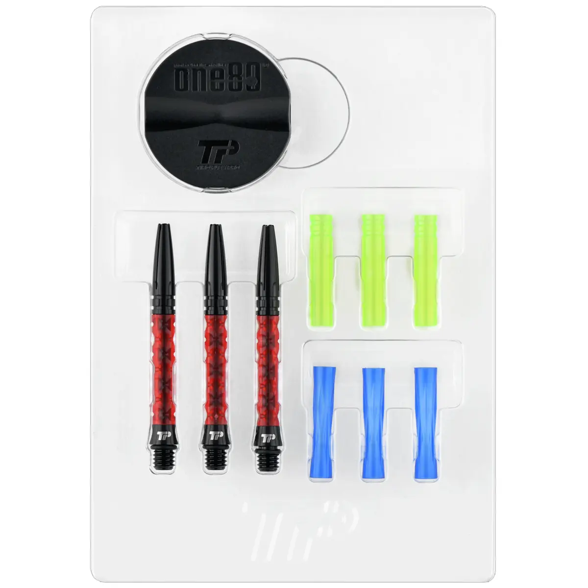 Lieferumfang One80 TiroFlexPro Shafts Set mit Titanbasen austauschbaren Tubes und Aluminium Flightköpfen