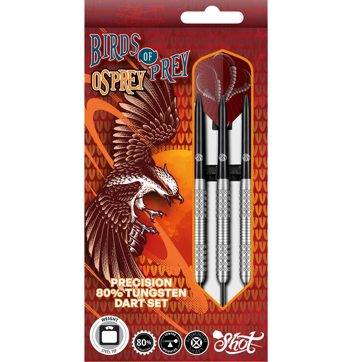 Shot Birds of Prey Osprey Steeldarts Verpackung mit 80 % Tungsten Komplettset