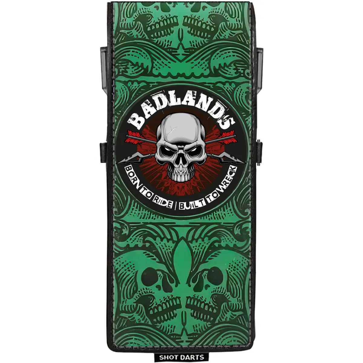 Shot Badlands Inked Drop-In Darttasche grün mit Skull-Artwork Shot Badlands Inked Drop-In Darttasche grün mit Totenkopf-Motiv und robustem Außenmaterial