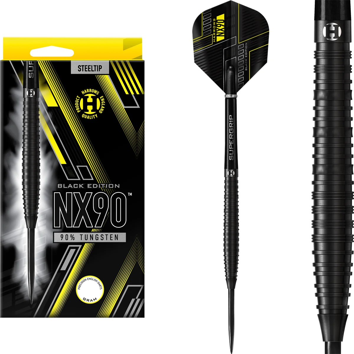 Harrows NX90 Black Edition Steeldarts Set mit Verpackung, montiertem Dart und Barrel-Nahaufnahme