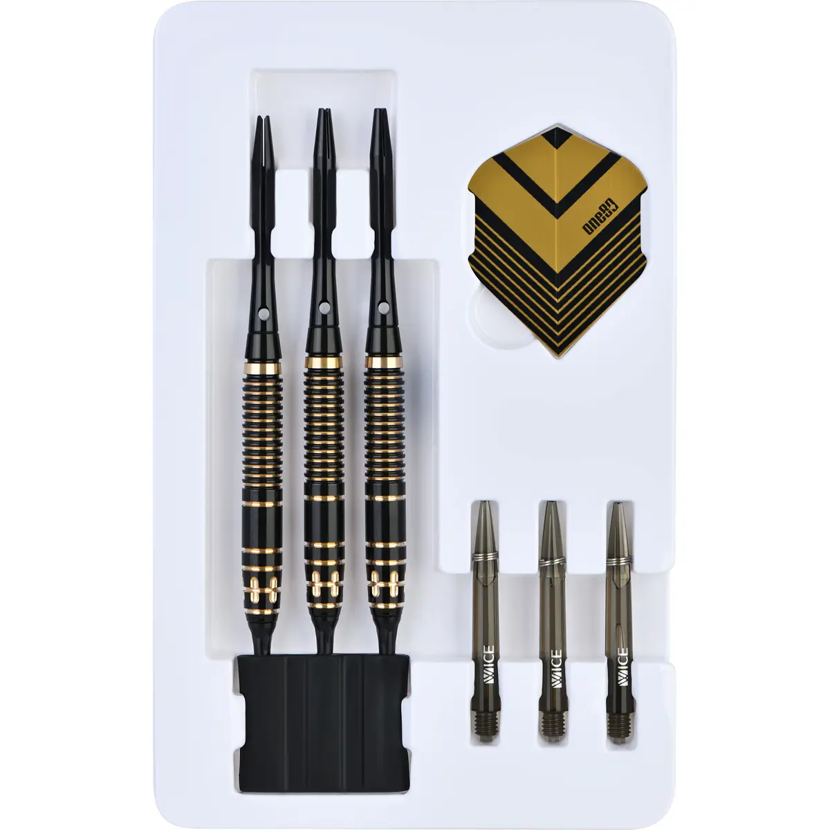 Lieferumfang der One80 Mobilizer 1 Softdarts mit drei Darts, Flights, Aluminium- und Kunststoff-Shafts