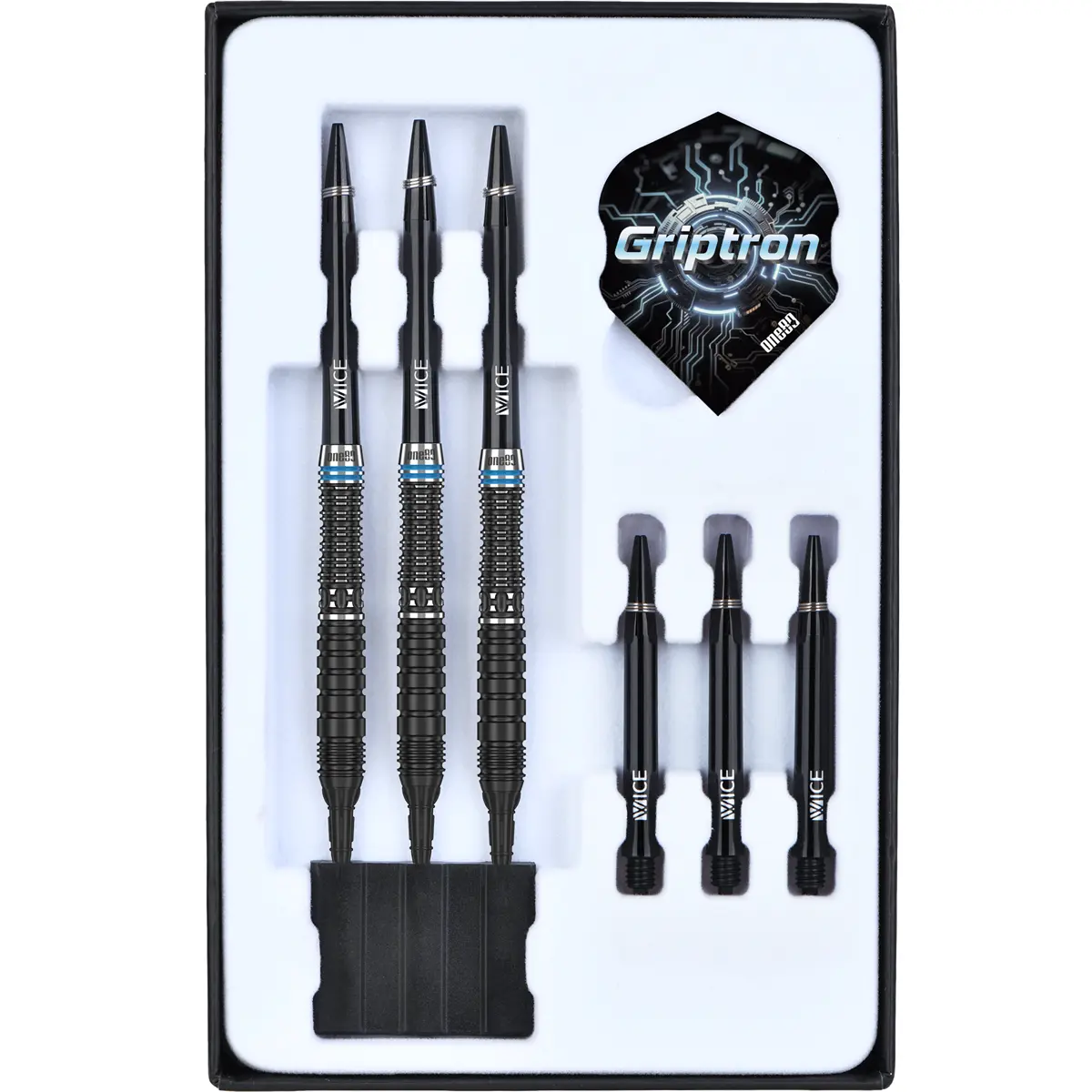 One80 Griptron GT2 Softdarts im Inlay mit Shafts und Griptron Flights