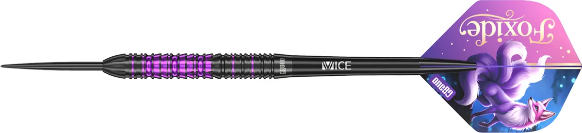 One80 Foxide F1 Steeldarts in Seitenansicht mit geradem Barrel und violettem Mittelbereich