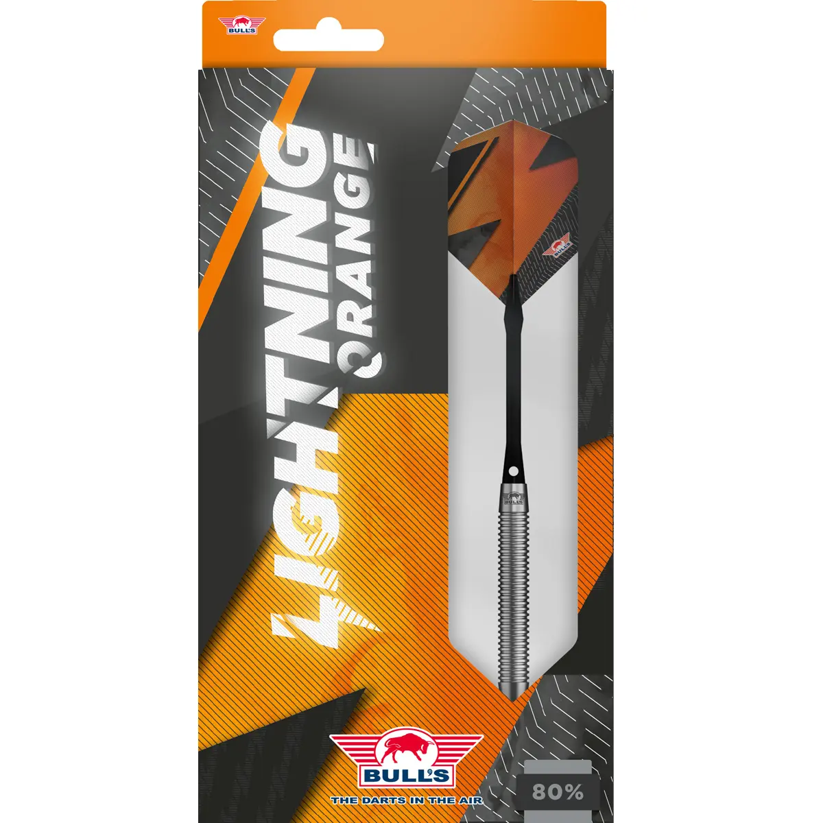 Verpackung des Bull’s Lightning Orange Softdartsets im Blisterformat