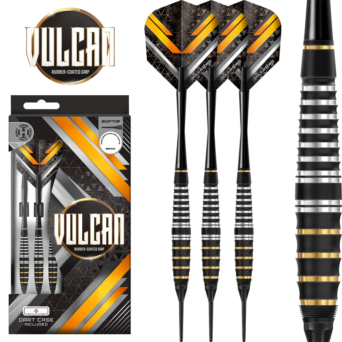 Harrows Vulcan Softdarts Black Gold – griffiges Softdart-Set mit Rubber-Grip und 100 Micron Flights Harrows Vulcan Softdarts im Set mit schwarz-goldenem Design und Rubber-Coated Grip – elegante Softdarts für Einsteiger und Hobbyspieler.