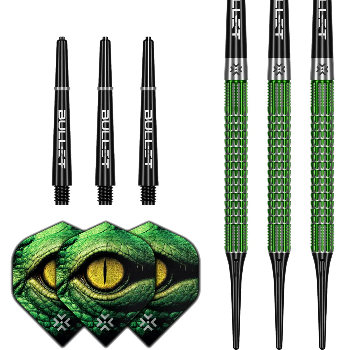Bullet Gator Softdarts Set mit drei Barrels, schwarzen Shafts und Gator-Eye Flights