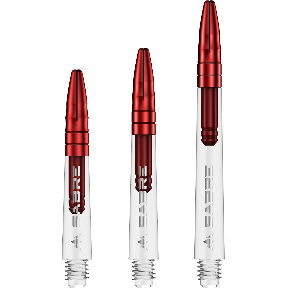 Mission Sabre Dart Shafts in Klar-Rot. Übersicht der Größen Short, Midi und Medium. Transparentes Unterteil kombiniert mit einem rot eloxierten Aluminium-Top.