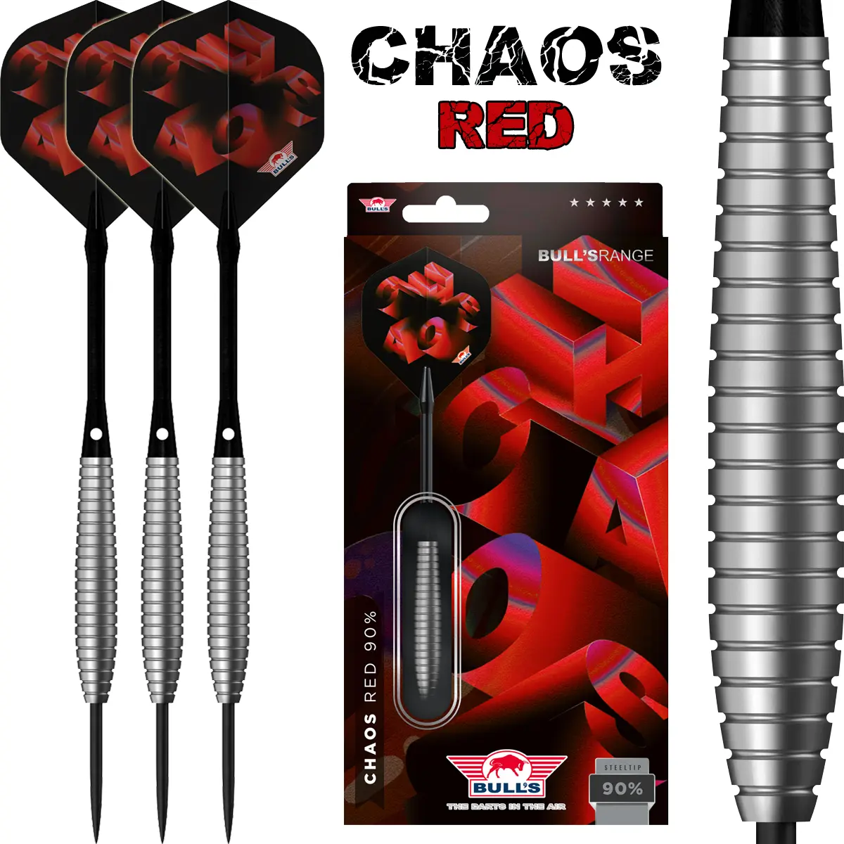 Bull’s NL Chaos Red Steeldarts – Komplettansicht mit Set Bull's NL Chaos Red Steeldarts 90 % Tungsten – Set mit drei Darts und Verpackung