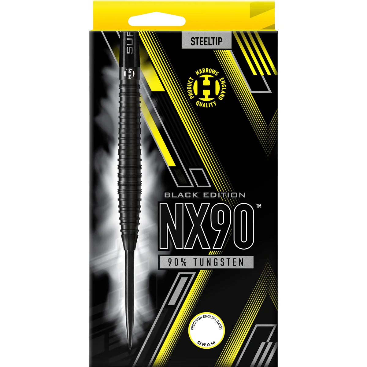 Harrows NX90 Black Edition Steeldarts Verpackung mit schwarzem 90 Prozent Tungsten Barrel