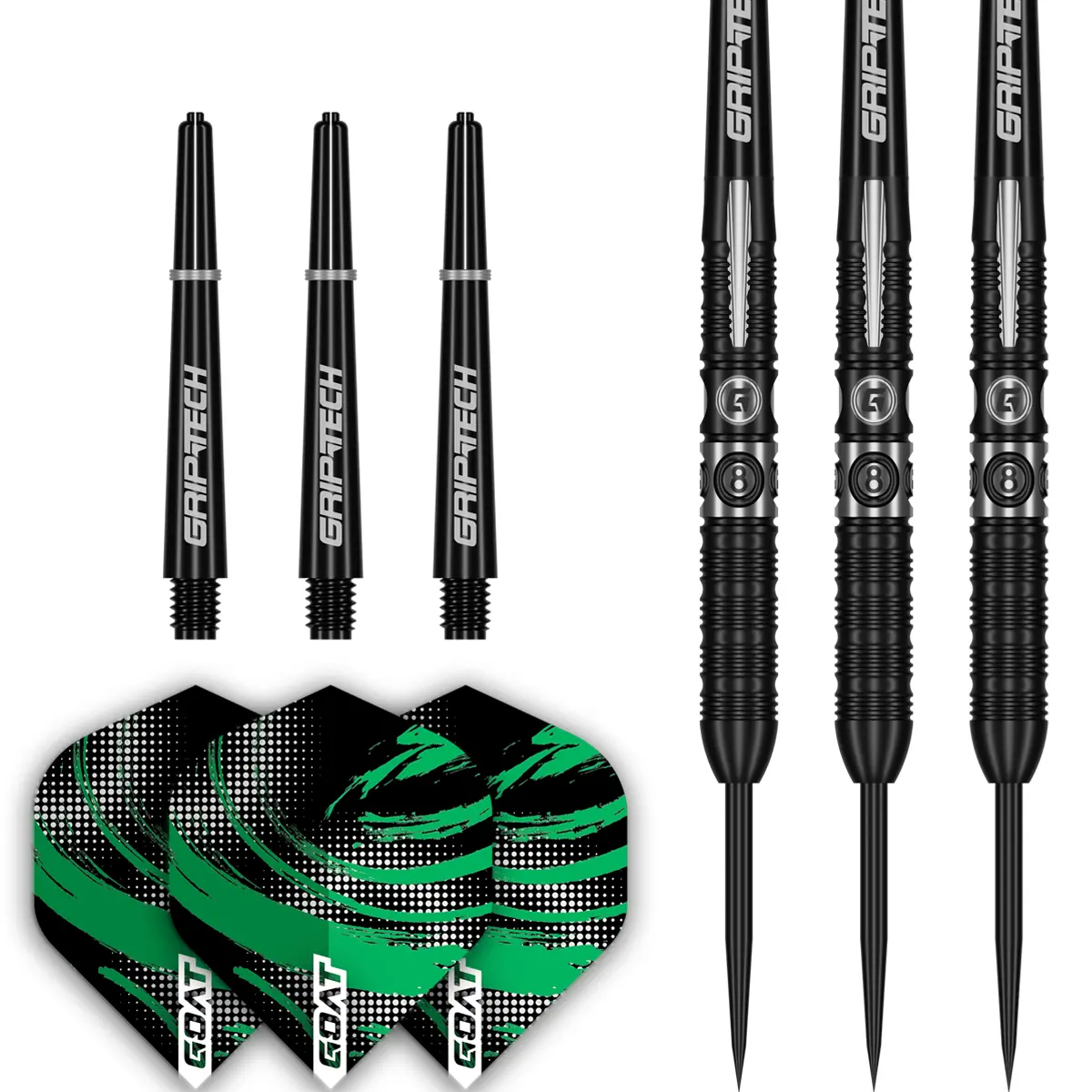 Lieferumfang der GOAT 8-Ball Steeldarts mit Shafts, Flights und Spitzen
