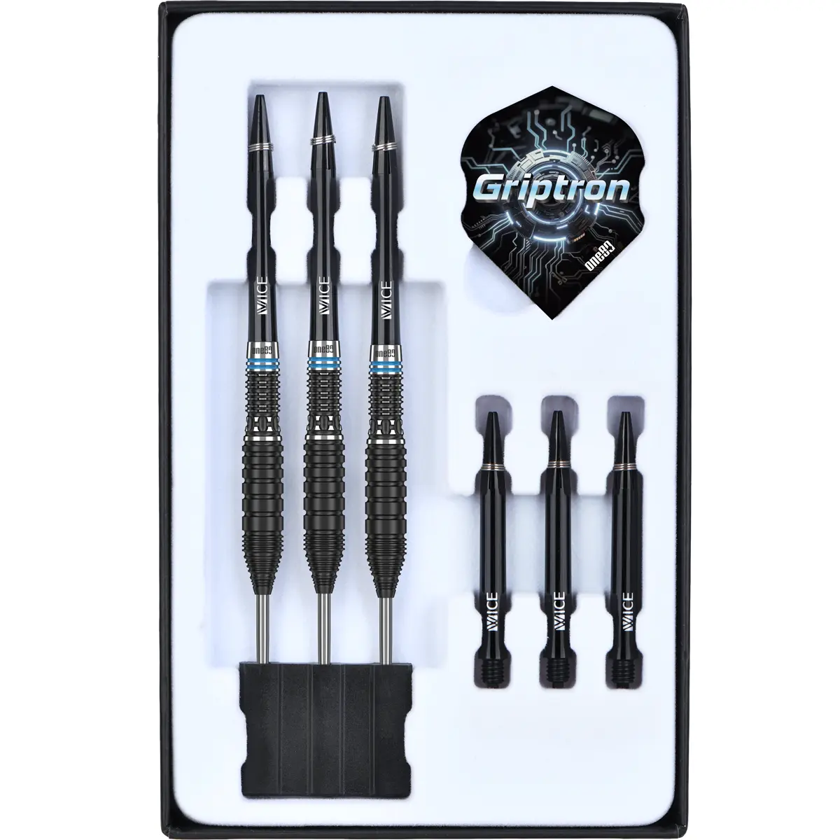 Verpackungsinhalt der One80 Griptron GT3 Steeldarts mit Barrels, Shafts und Flights