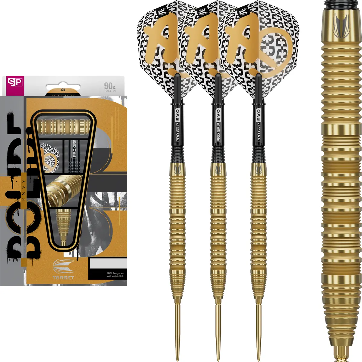Target Bolide Envy 01 Dartset mit 90% Tungsten Barrels und Pro Grip EVO Shafts.