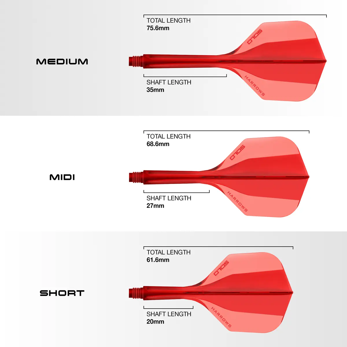 Harrows Solo Flight-Shaft System No.6 Rot im Vergleich der Längen Short, Midi und Medium mit Maßangaben