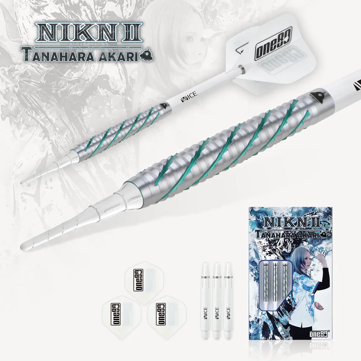 One80 Akari Tanahara Signature V2 Softdarts mit Originalverpackung, Flights, Softdartspitzen und Shafts