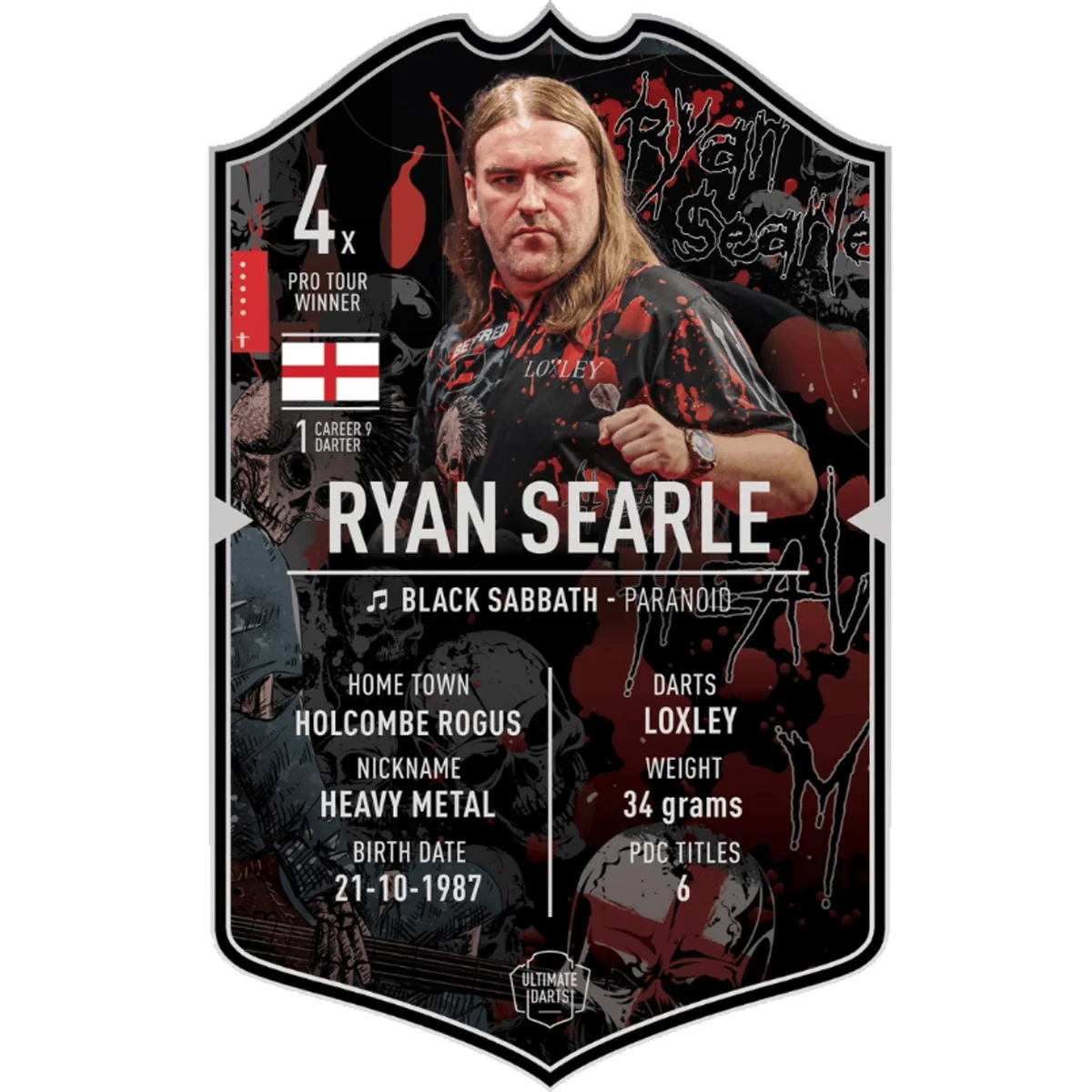Ultimate Darts Card von :contentReference[oaicite:0]{index=0} – Heavy Metal Sammlerstück mit Spielerprofil, Pro-Tour-Titeln und Statistik