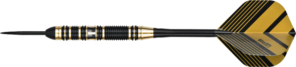 Seitenansicht des One80 Mobilizer 02 Steeldart mit Ringgrip und Flight in Schwarz-Gold