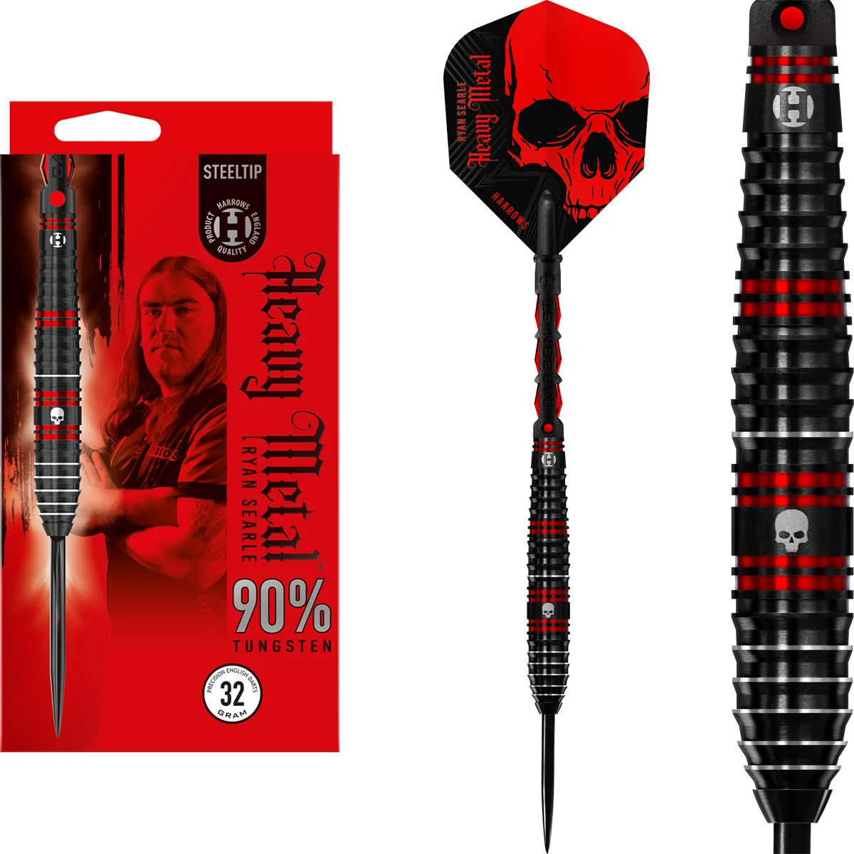 Kombiniertes Produktbild der Harrows Ryan Searle 90 % Tungsten Steeldarts mit Heavy-Metal-Verpackung und komplett montiertem Dart.